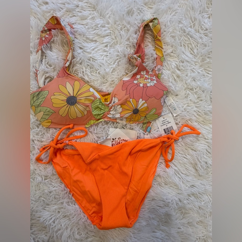 NWT Becca WET Bikini Set M Retro Floral Top Orange Ribbed Bottoms Tie Side